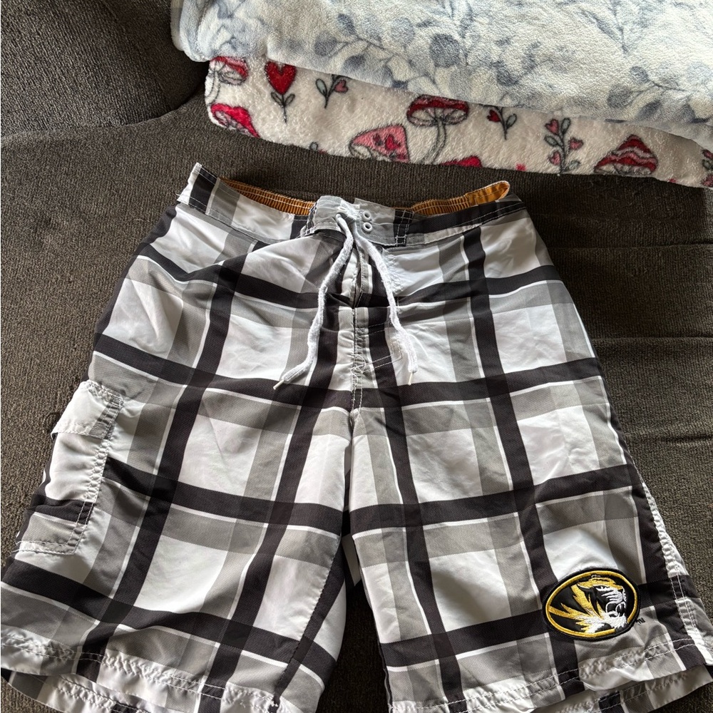 Plaid Cargo Swim Shorts with Mizzou Logo